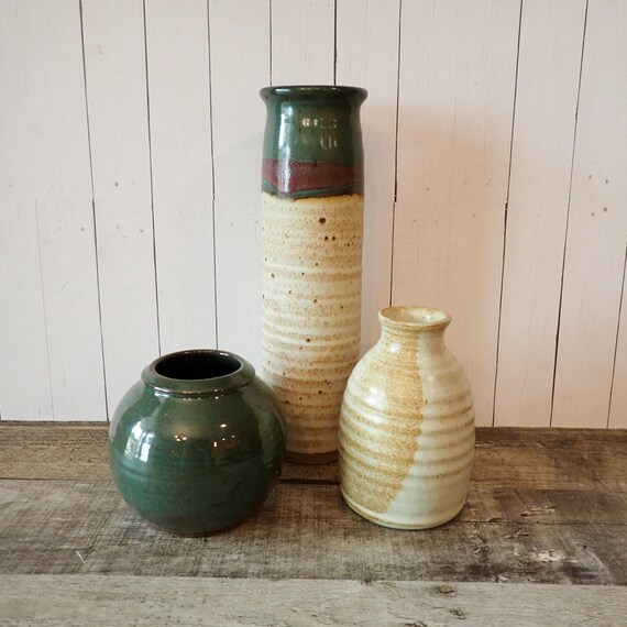 Vintage Handmade Stoneware Vase Set of 3 Rustic Style Green and Beige Tan Pottery Hand Made Studio Pottery