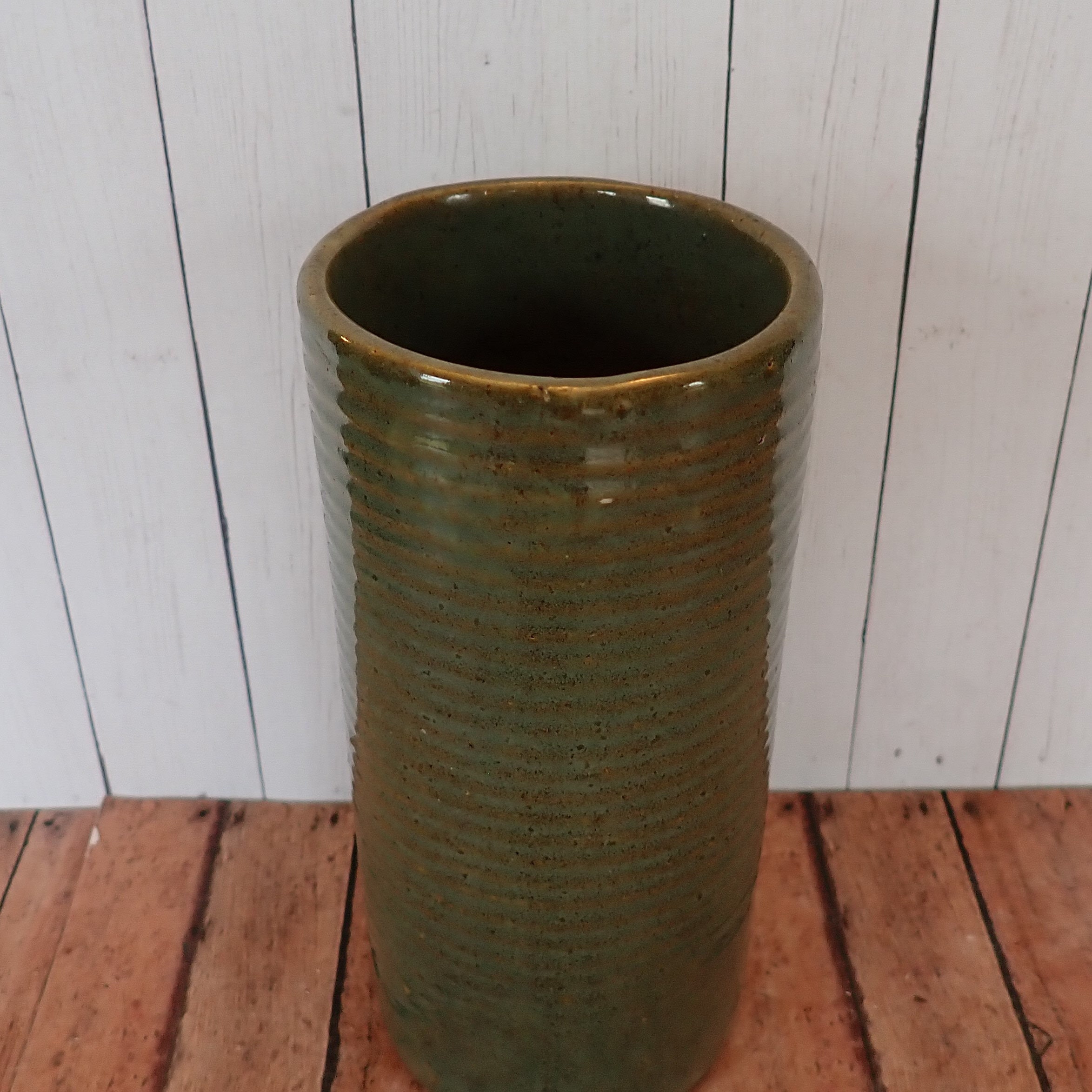 Vintage Zanesville Stoneware Planter Vase Stoneage Modern Green Ribbed