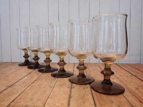 Vintage Libbey Glass TULIP BROWN Wine Glass Set of 6 Goblets Clear with Brown Stem