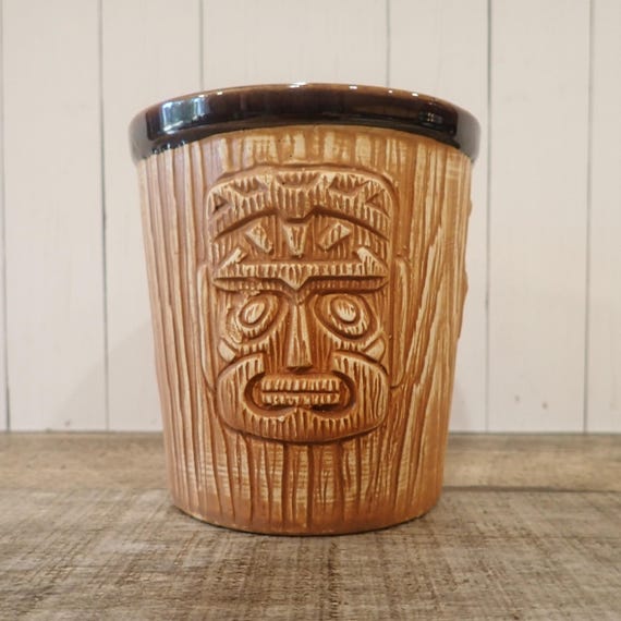 Vintage Ceramic Tiki Mug Vase Planter Pot Tan Brown White Tropical Hawaiian Decor