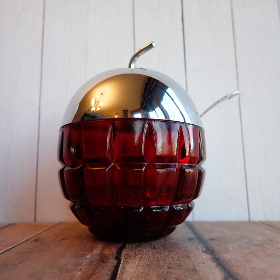 Vintage Red Glass Apple Sugar Bowl with Silver Meal Lid and Spoon Sugar Dish Square Pattern