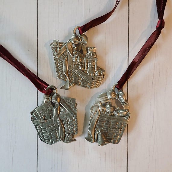 Vintage Longaberger Pewter Basket Ornament Set of 3 Christmas Ornaments 1989 1992 1996