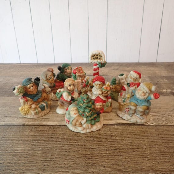 Vintage North Pole Christmas Village Accessory Elves Set of 9 Ceramic Village Accessories