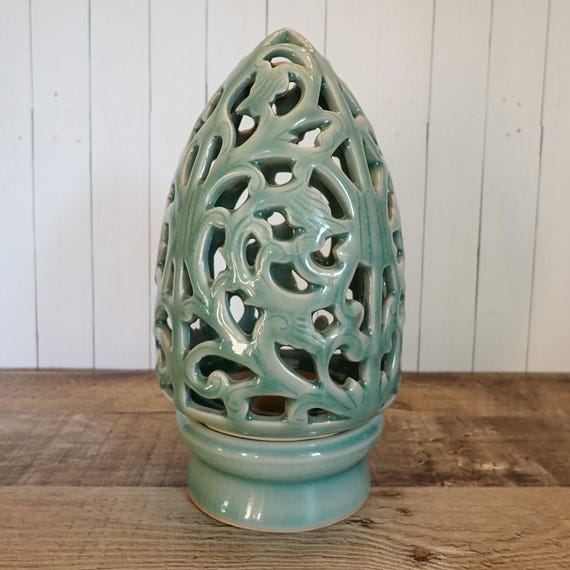 Vintage Siam Celadon Wood Ash Glaze Candle Holder Luminary Lantern Green with Open Work Scroll Design Made in Thailand AS IS Repaired