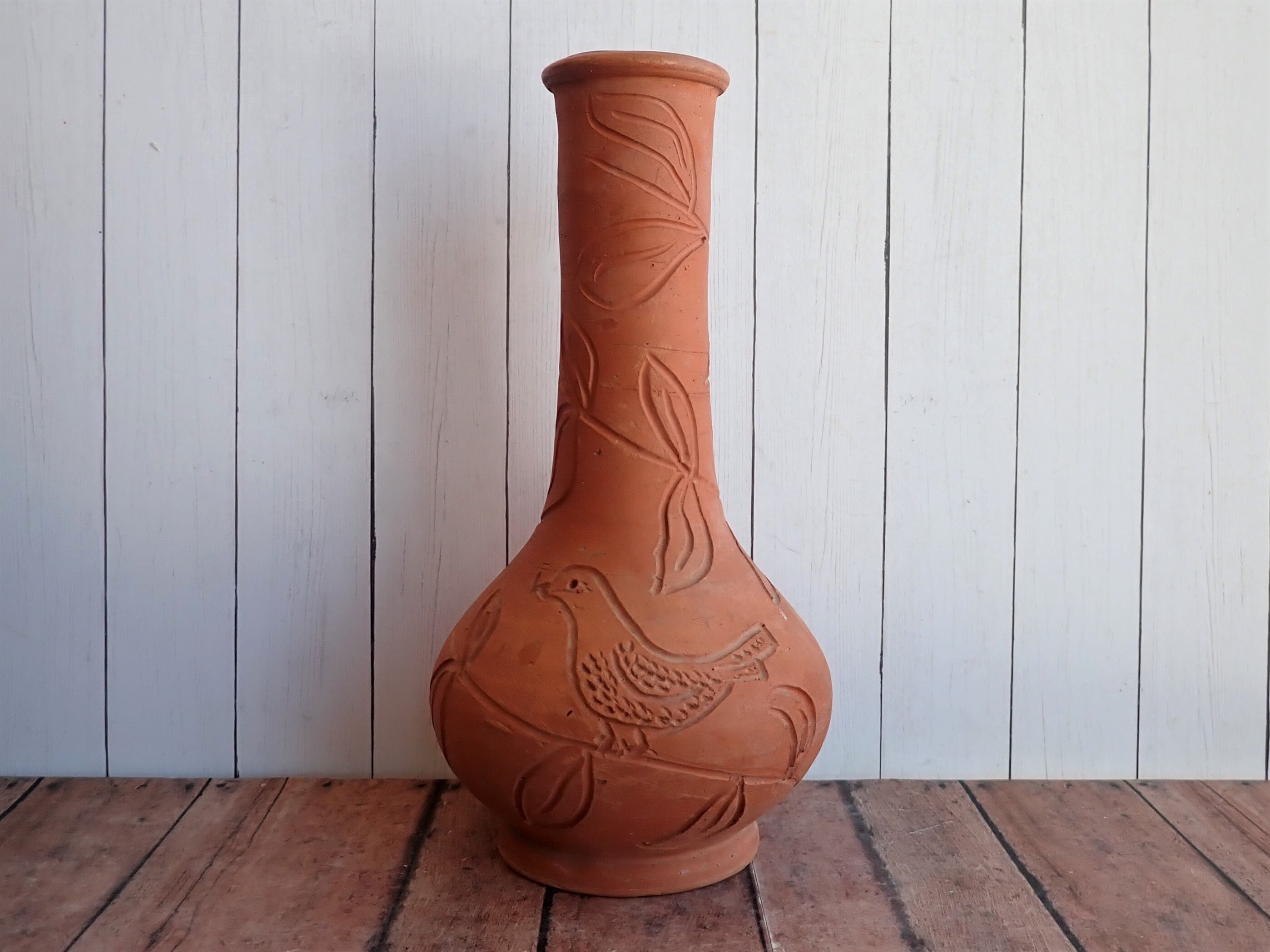 Vintage Terra Cotta Vase Handmade Pottery with Etched Bird and Leaf Design Clay Boho Vase