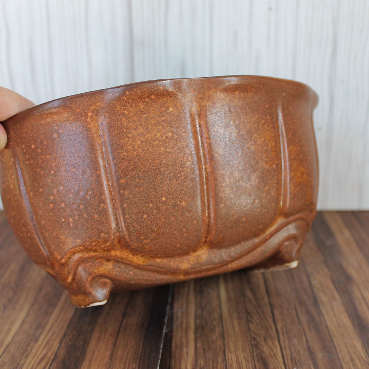 Vintage Brown Ceramic Planter Oval Shaped with Feet Ribbed Design