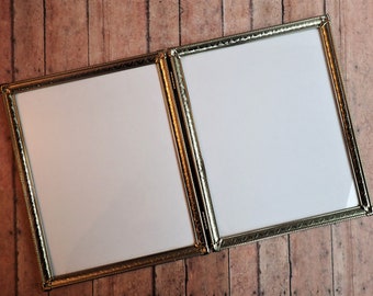 Vintage Brass Bronze Colored Metal Double Hinged Two Part Photo Picture Frame 8x10 Bi-Fold Large Sized Etched Leaf Design