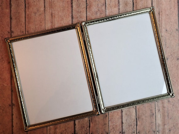 Vintage Brass Bronze Colored Metal Double Hinged Two Part Photo Picture Frame 8x10 Bi-Fold Large Sized Etched Leaf Design