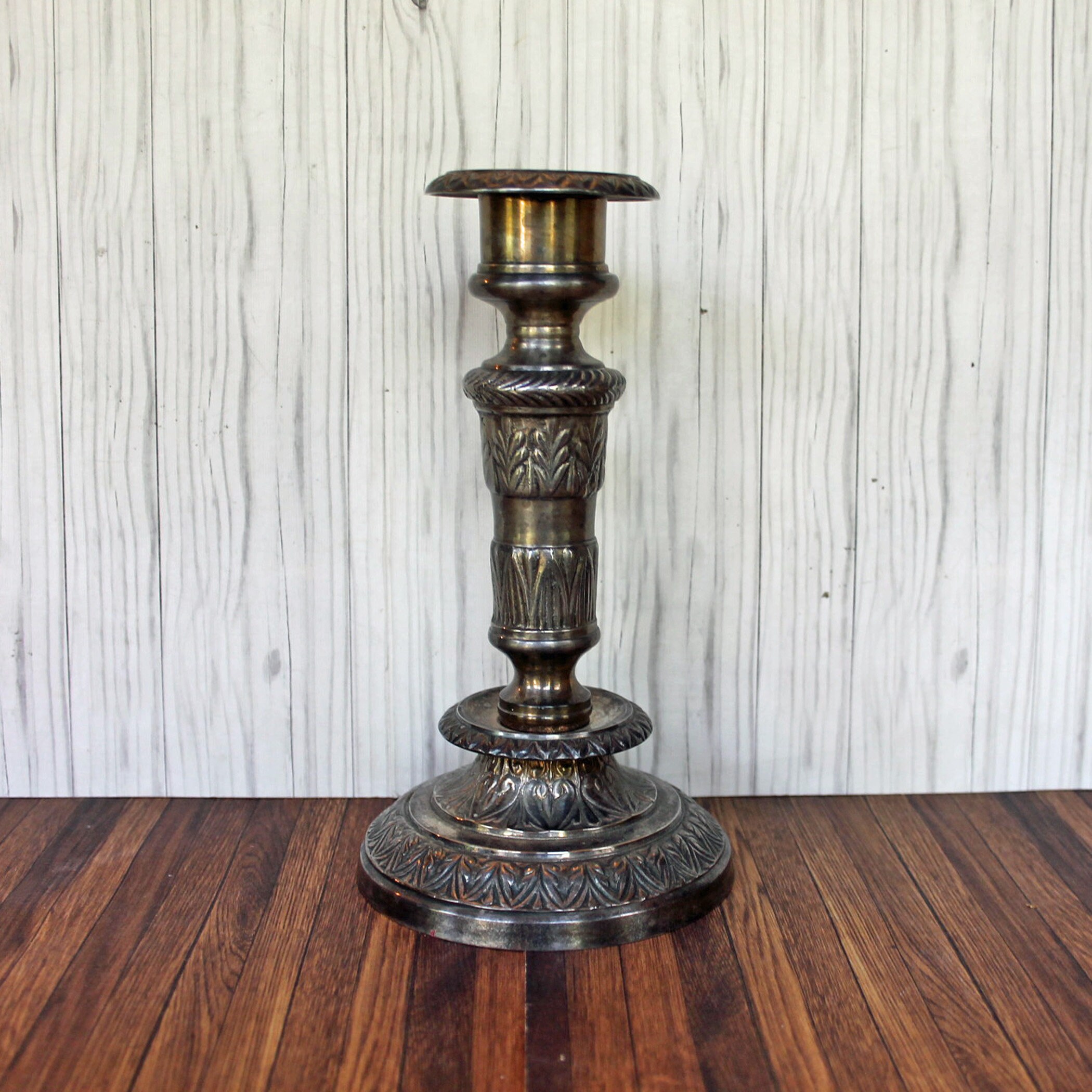 Vintage Silver Pewter Metal Candlestick Taper Candle Holder with Etched