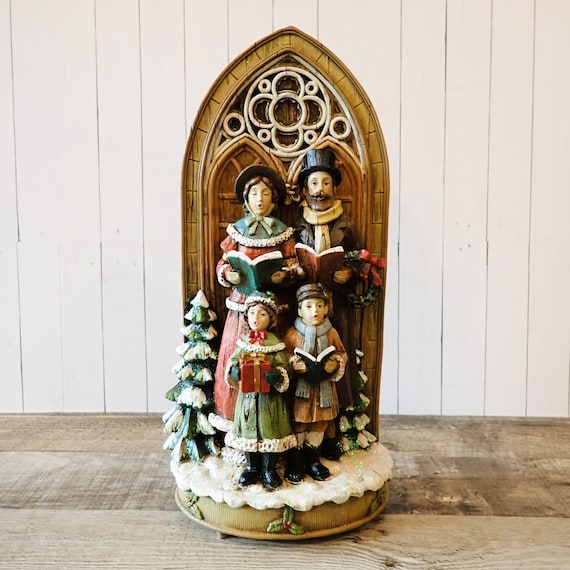 Vintage Christmas Caroler Victorian Family Figurines Man Woman Son and Daughter with Church Door Backdrop