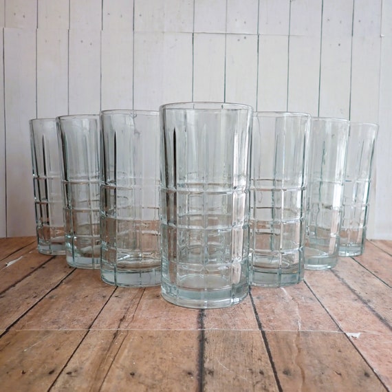 Vintage Anchor Hocking Tartan Clear 6" Ice Tea Tumbler Set of 8 Glasses with Plaid Line Pattern