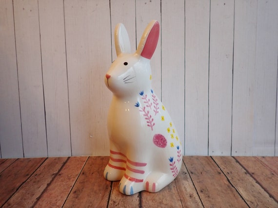 Vintage Avon Ceramic Bunny Rabbit Figurine White with Pink Floral Design Easter Spring Decor