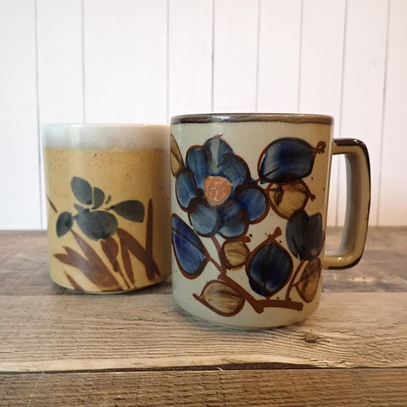 Vintage Stoneware Mug Set of 2 Mugs White and Blue Rustic Leaf and Flower Design Otagiri Style Mid Century Modern Pottery