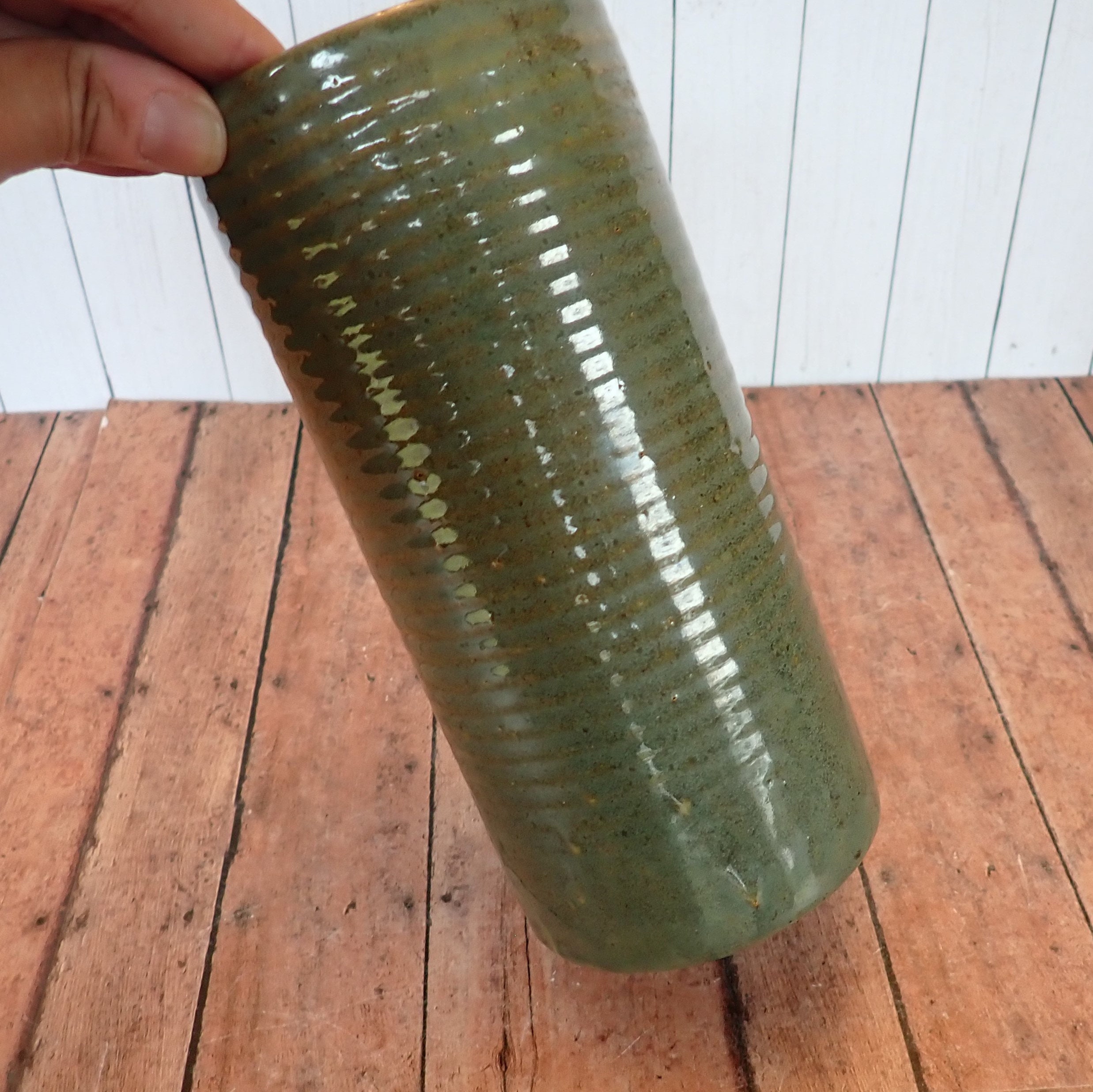 Vintage Zanesville Stoneware Planter Vase Stoneage Modern Green Ribbed