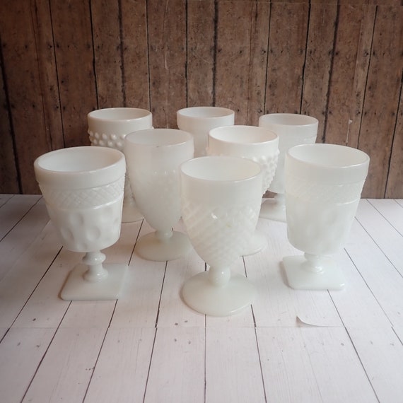 Vintage Mismatched White Milk Glass Goblets Wine Glasses Set of 8 Mix and Match Set