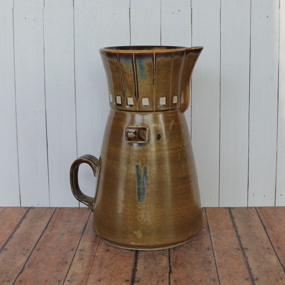 Vintage Kasuga Showa PATIO MOONGLOW Stoneware Pitcher Carafe Coffee Pot No Lid Brown Stoneware with White Square Design