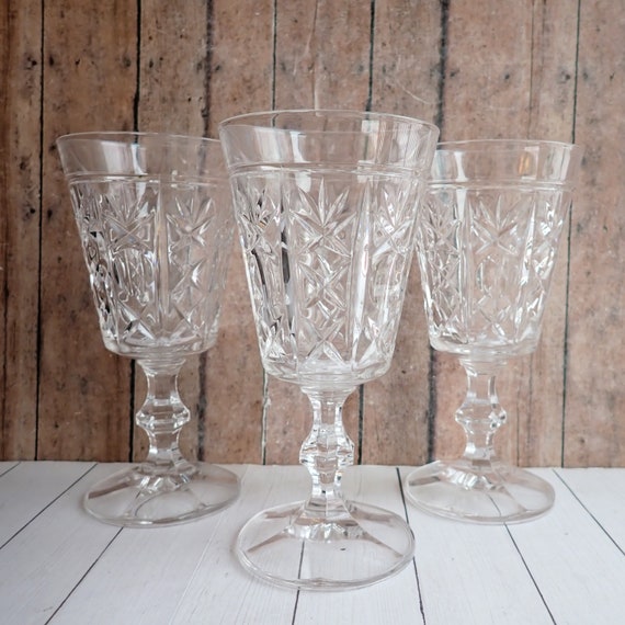 Vintage Royal Crystal Rock LONDON Water Goblet Set of 3 Clear Cut Crystal with X and O Pattern