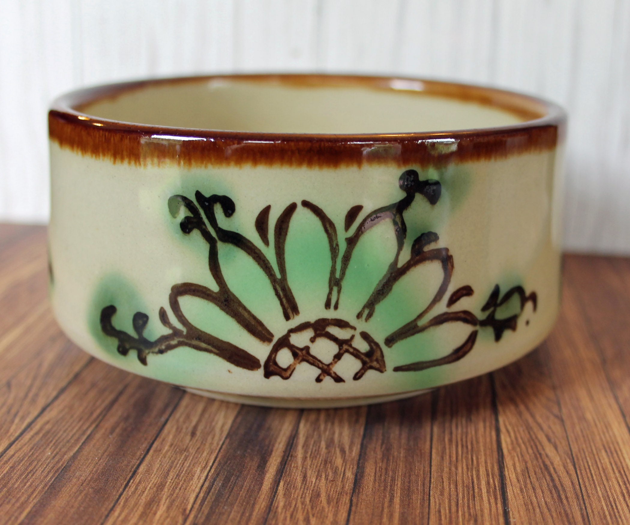 Vintage Stoneware Soup Bowl Mug Set of 3 Cream with Yellow Green and