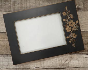 Vintage RARE WOODS 5x7 Picture Photo Frame Blue Wood with Etched Floral Flower Design Burnes of Boston 5 &quot; x 7&quot;