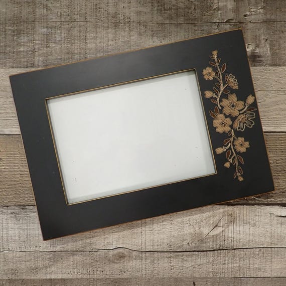 Vintage RARE WOODS 5x7 Picture Photo Frame Blue Wood with Etched Floral Flower Design Burnes of Boston 5 " x 7"