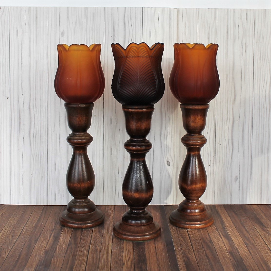 Vintage Votive Candlestick Set of 3 Amber Flower Votives with Wooden