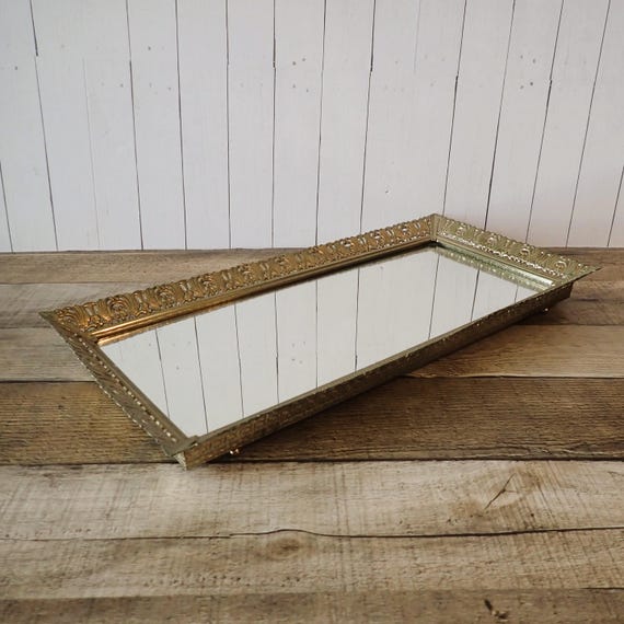 Vintage Gold Metal Tray with Mirror Vanity Tray with Filigree Open Work Frame