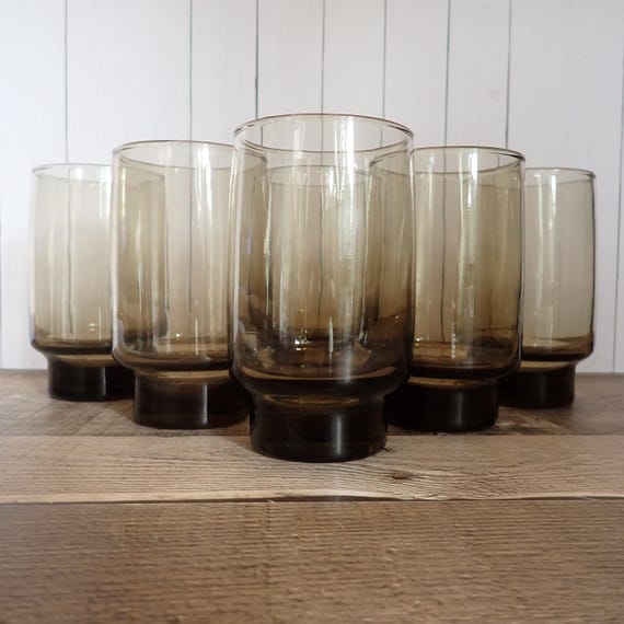 Vintage Libbey Glass TAWNY ACCENT Smoky Brown Tumbler Set of 6 Tumblers 11 oz. Drinking Glass