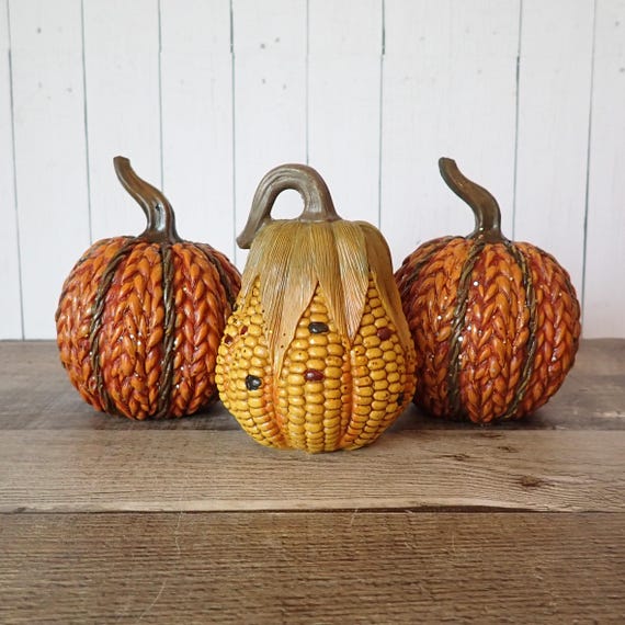 Pumpkin Figurines Set of 3 Orange and Yellow Glittery Pumpkins