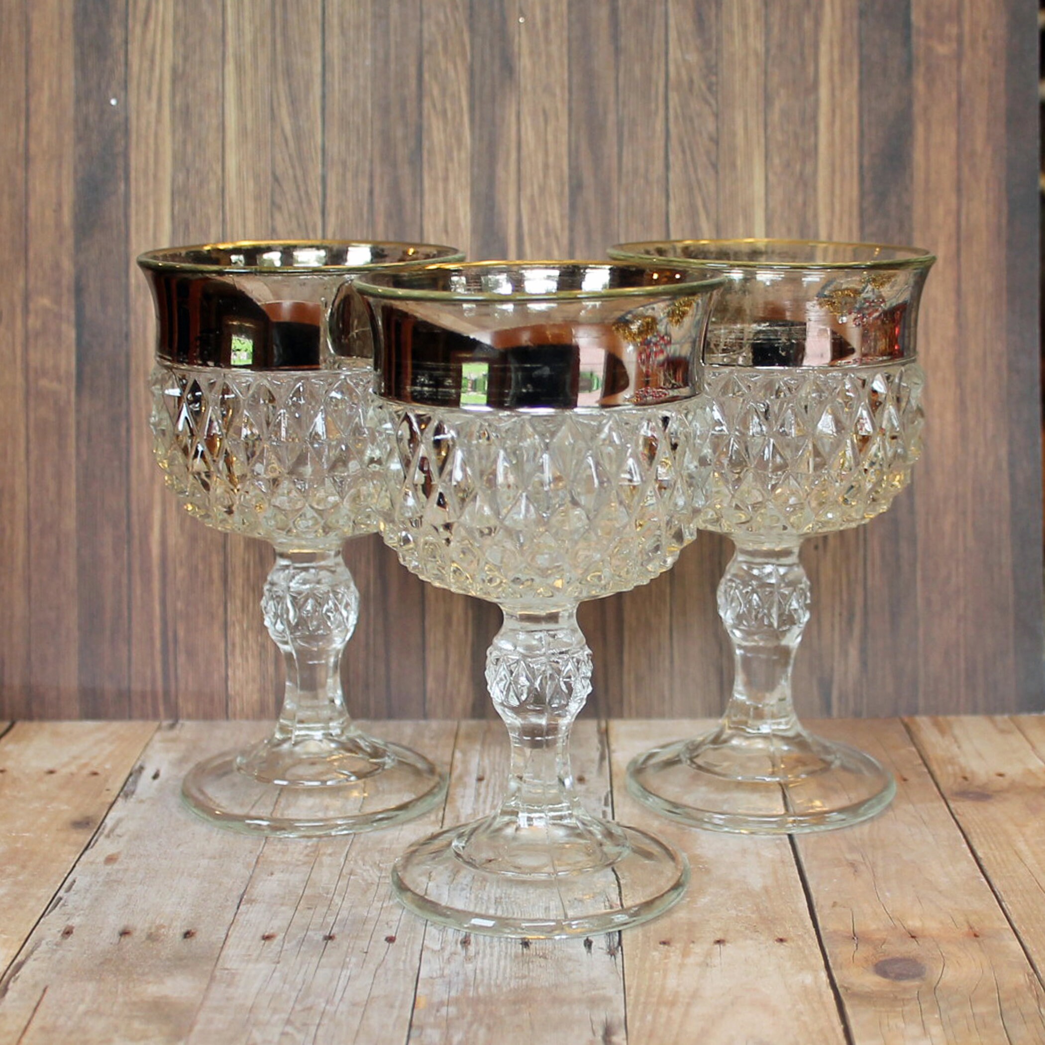 Vintage Indiana Glass Diamond Point Clear Silver Wine Glass Set of 3 ...