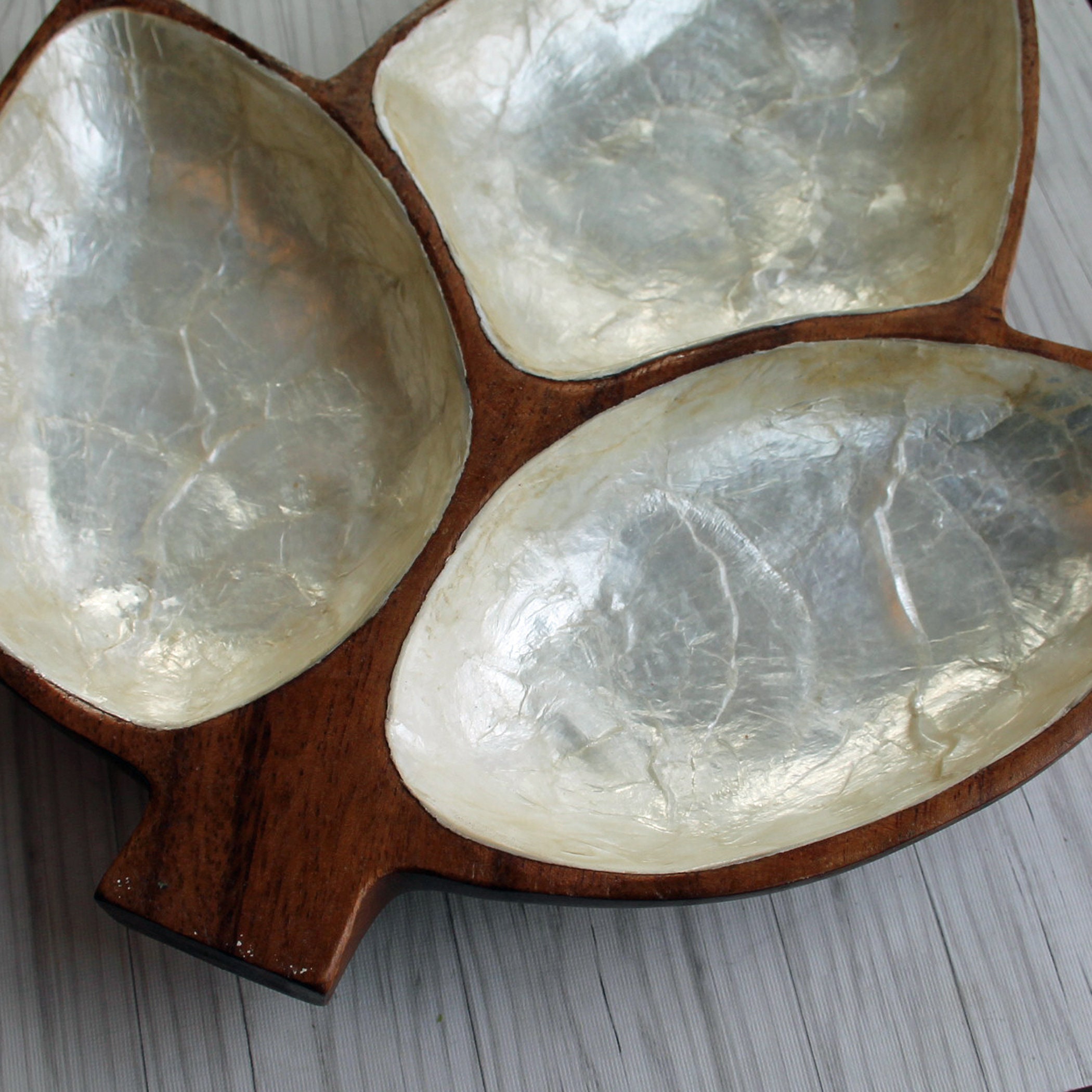 Vintage Wooden Leaf Shaped Bowl with White Shell Inlay Snack Nut Candy