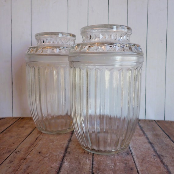 Vintage Anchor Glass Apothecary Bottle Jar Canister Set of 2 Clear Glass Jars with Lids Ribbed Jelly Jar Style Candy Jar