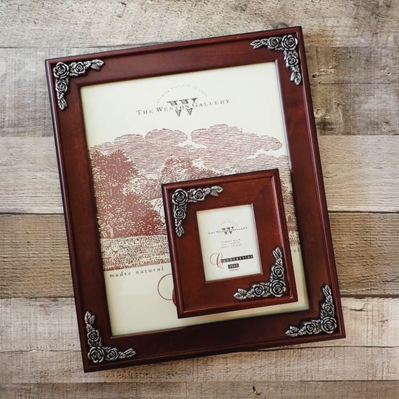 Vintage 8x10 Weston Gallery Wooden Photo Picture Frame Set of 2 with Matching 2x3 Frame Brown Wood with Silver Flower Accents