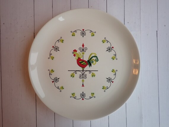 Vintage Salem WEATHERVANE 10" Dinner Plate Set of 2 White Red Green with Rooster and Flower Pattern Mid Century