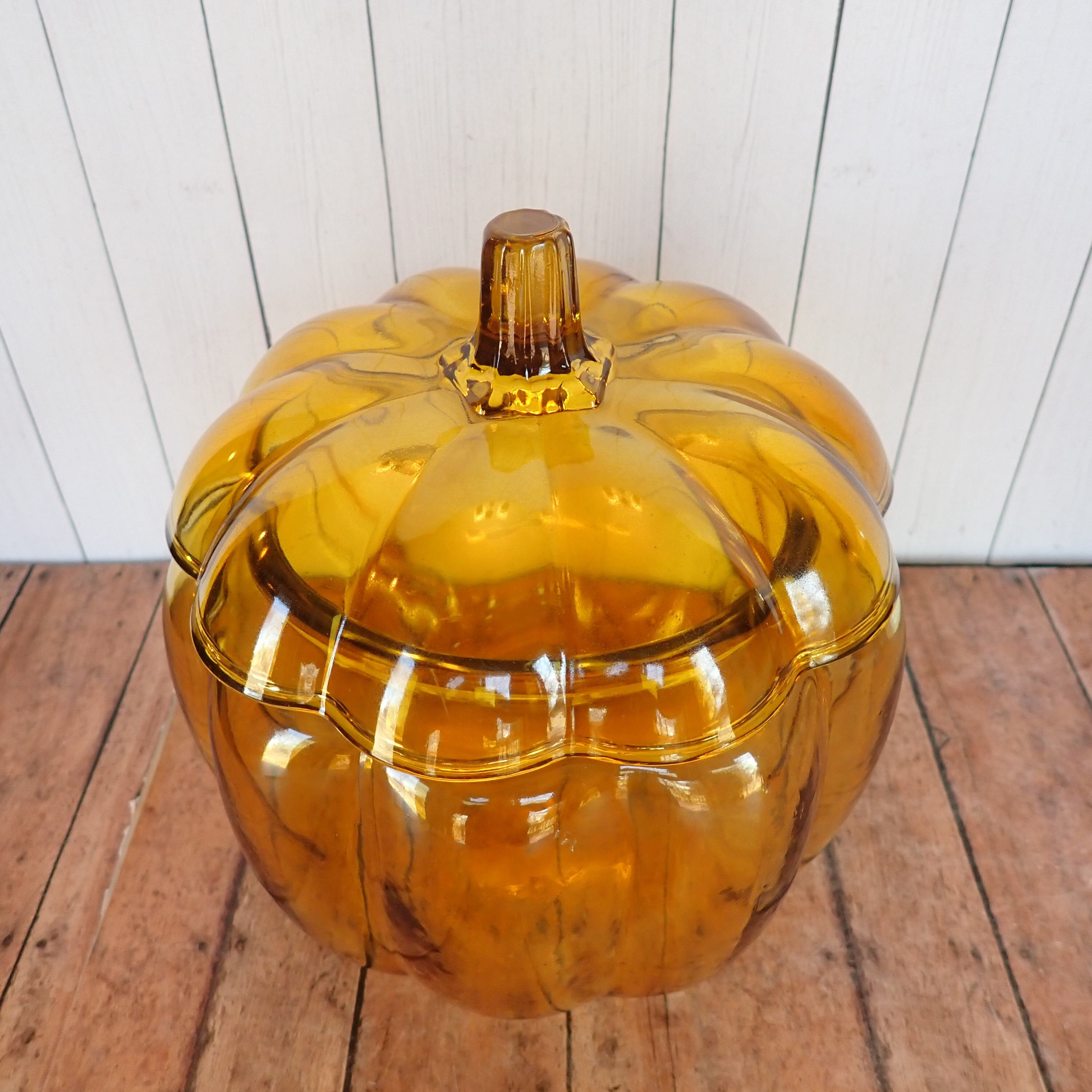 Vintage Yellow Glass Pumpkin Canister Bowl Candy Dish With Lid Cookie Vintage Yellow Glass Pumpkin Canister Bowl Candy Dish With Lid Cookie