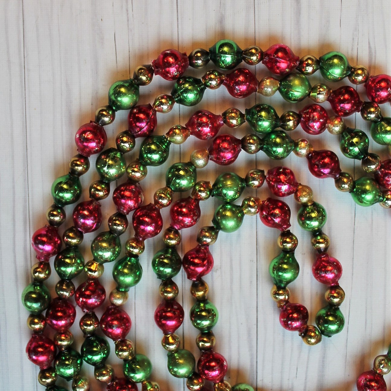 Vintage Mercury Glass Bead Garland 7' Beaded Green Red Gold 90 Feather Tree  Christmas Tree Garland Handmade Repurposed Beads