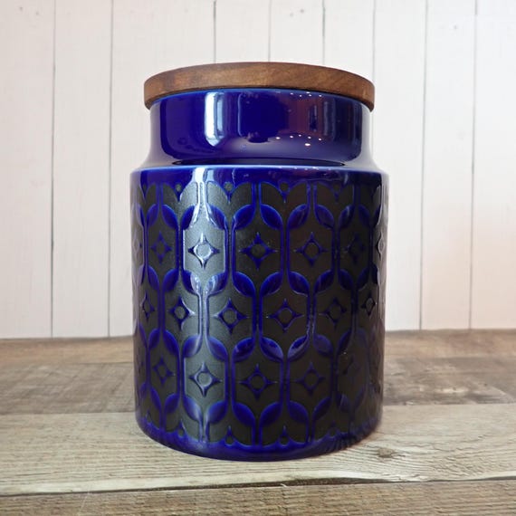 Vintage Hornsea Pottery Heirloom Blue 6" Canister Blue with Black Geometric Design Made in England