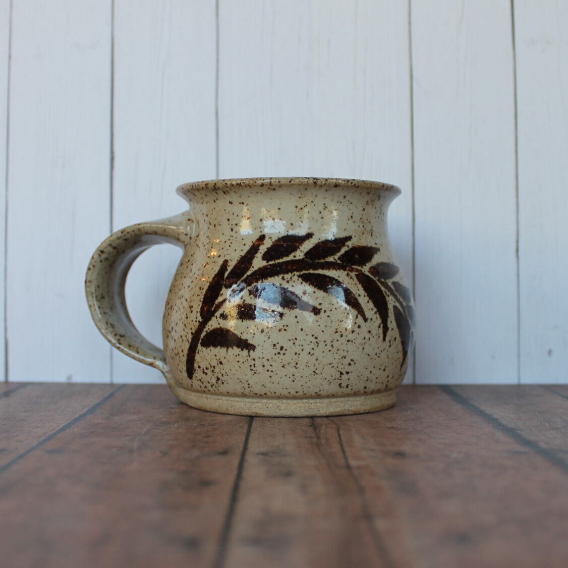 Vintage Stoneware Pottery Planter and Mug Set Gray Blue Brown with Leaf