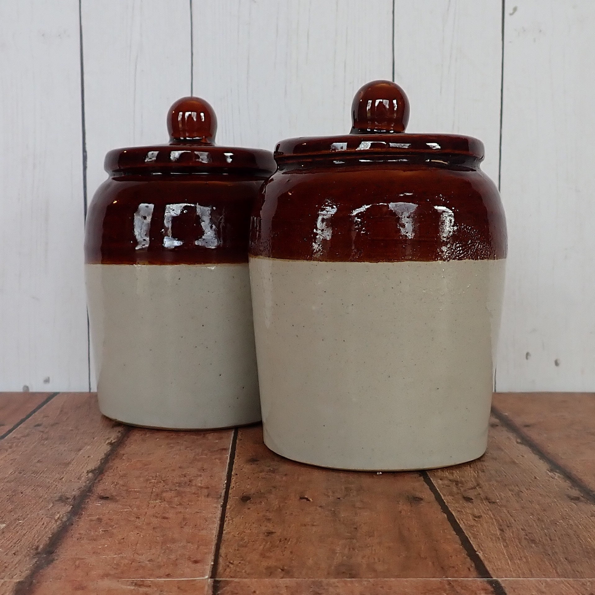 Vintage Stoneware Spice Jar with Lid White and Brown Drip Small