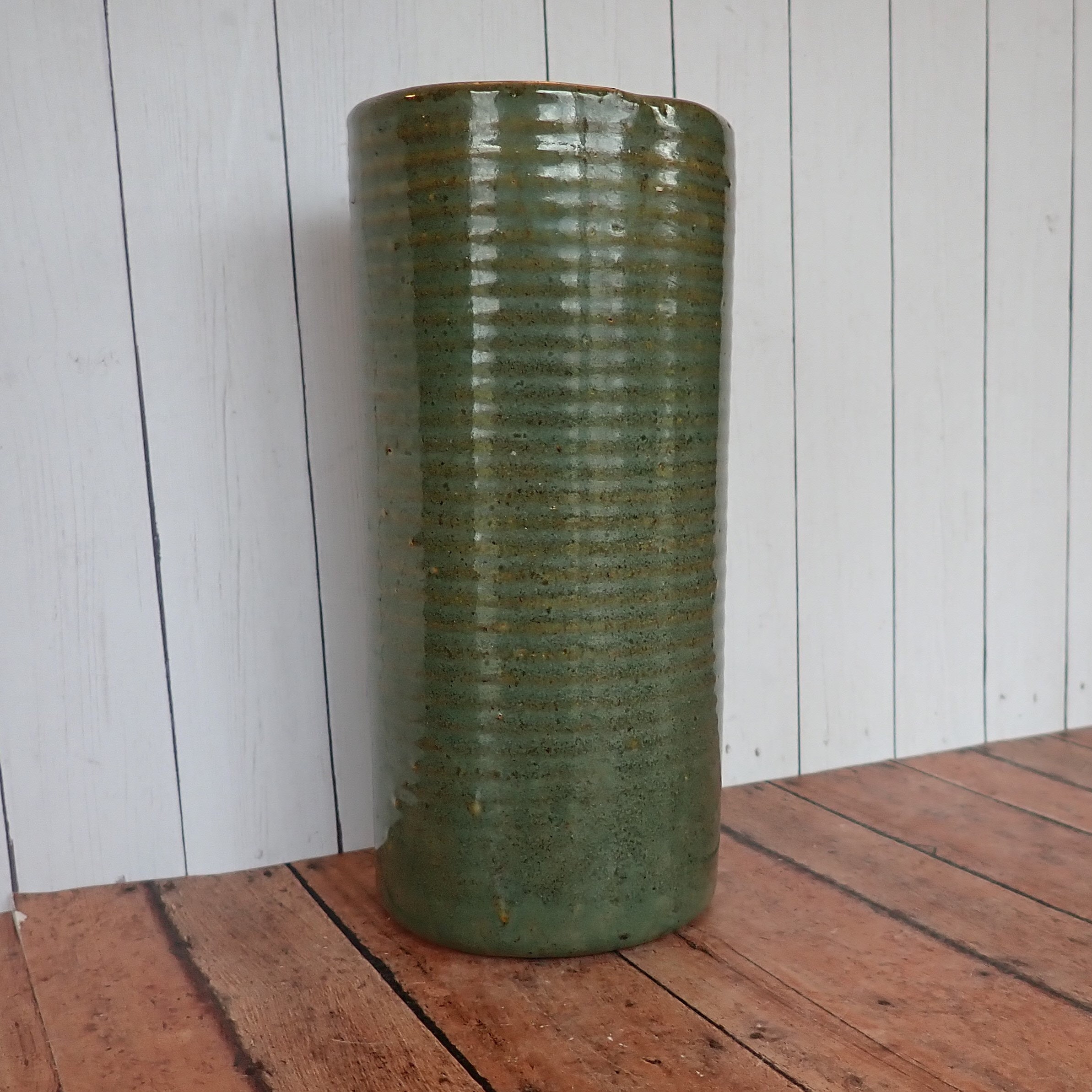 Vintage Zanesville Stoneware Planter Vase Stoneage Modern Green Ribbed