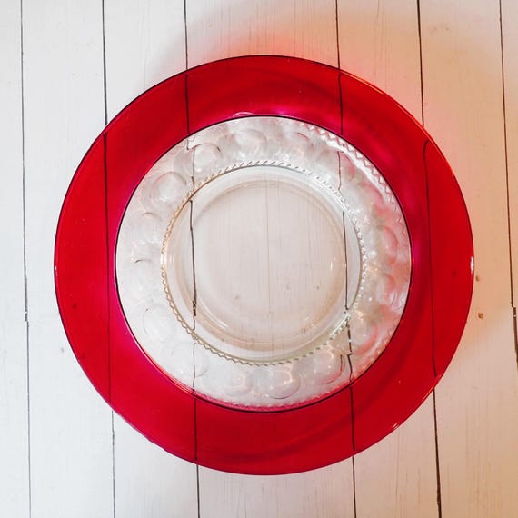 Vintage Tiffin Franciscan KINGS CROWN Cranberry Ruby Red Flashed Luncheon Plates Set of 4 Thumbprint