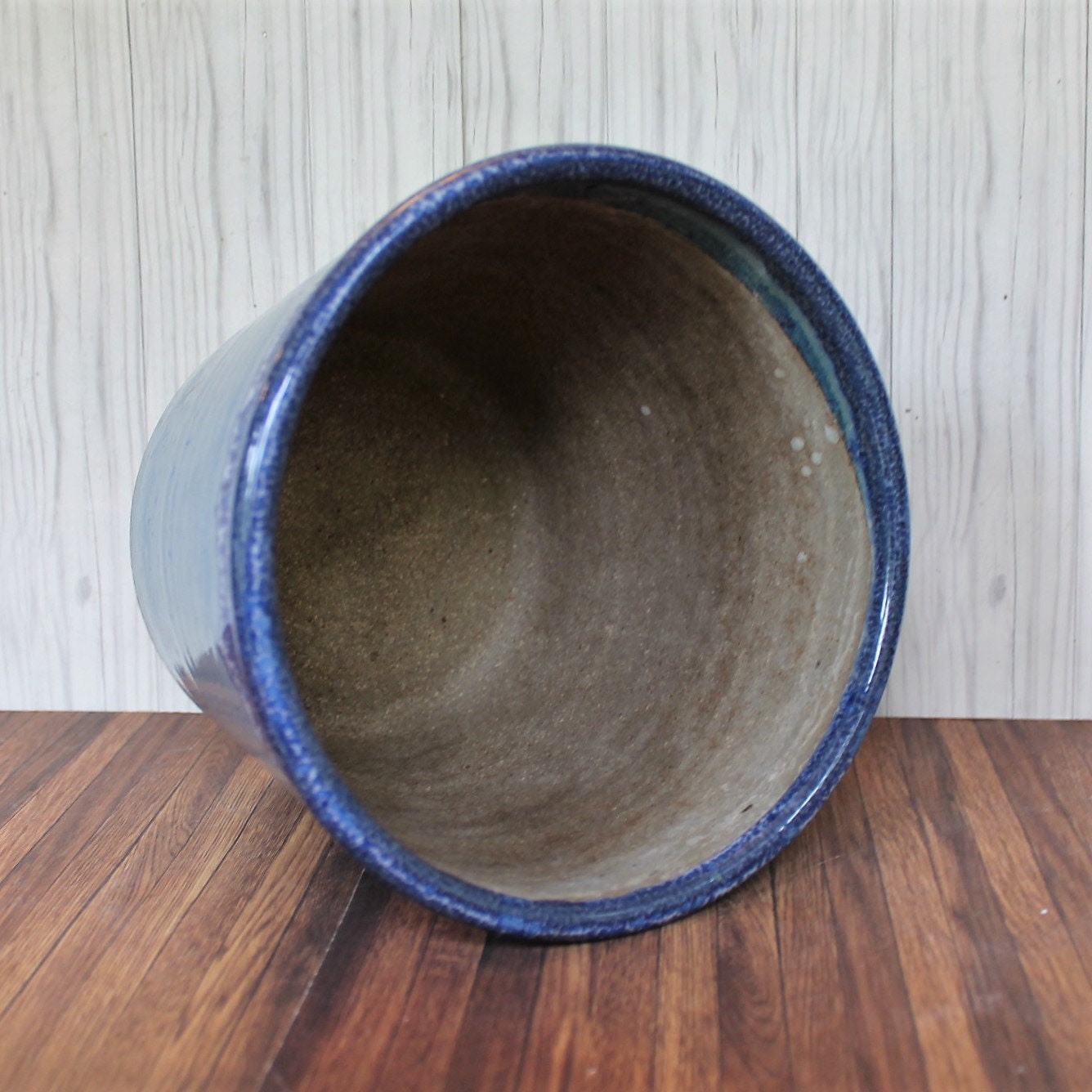 Vintage Stoneware Pottery Planter Blue and White Drip Glaze Hand Made