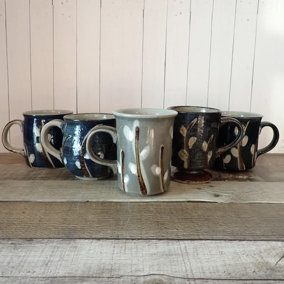 Vintage Otagiri Pussywillow Mug Set of 5 Mugs Blue Stoneware Brown Branch and White Pussy Willow Design