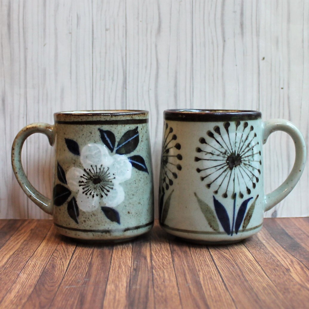 RESERVED for Z. Vintage Stoneware Mug Set of 2 Gray Brown and Blue