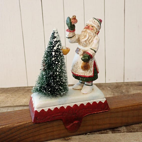 Vintage Schifferl Christmas Stocking Hanger Holder Santa with Tree and Bird