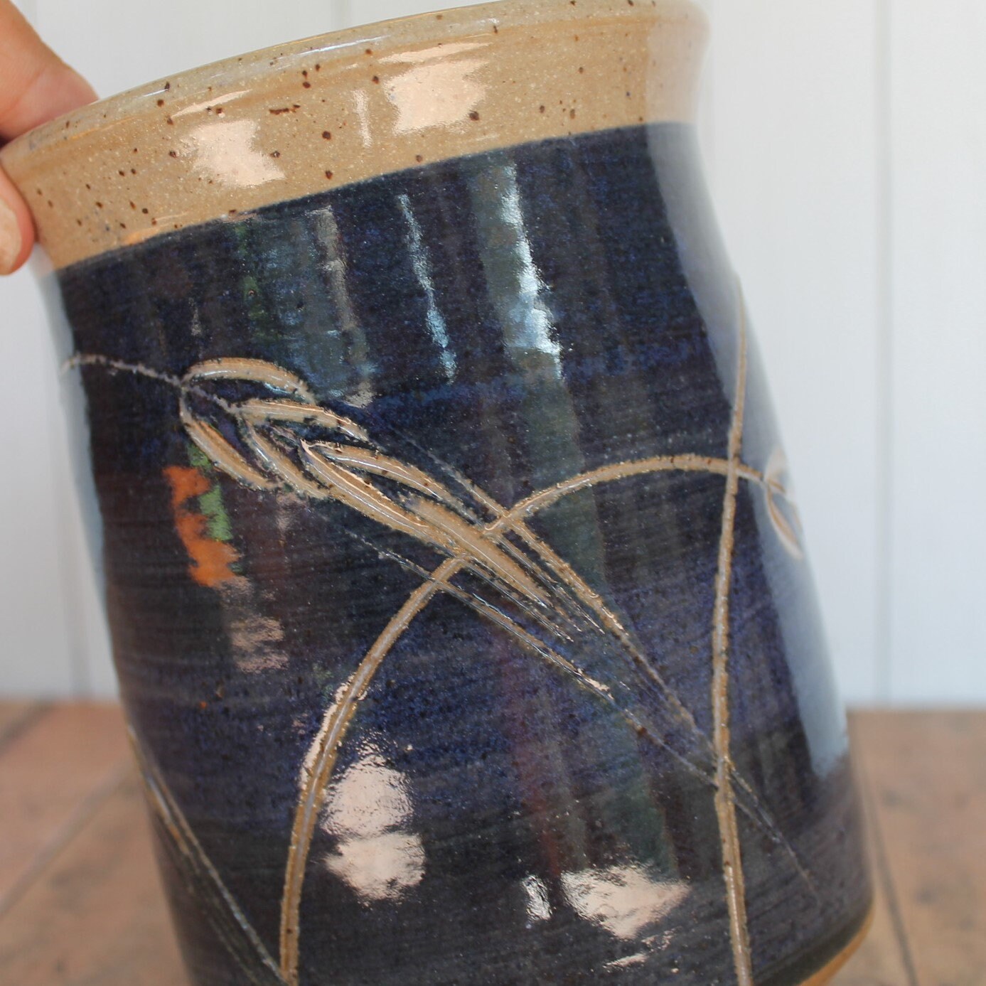 Vintage ANNAPOLIS POTTERY Stoneware Utensil Holder or Vase Blue and