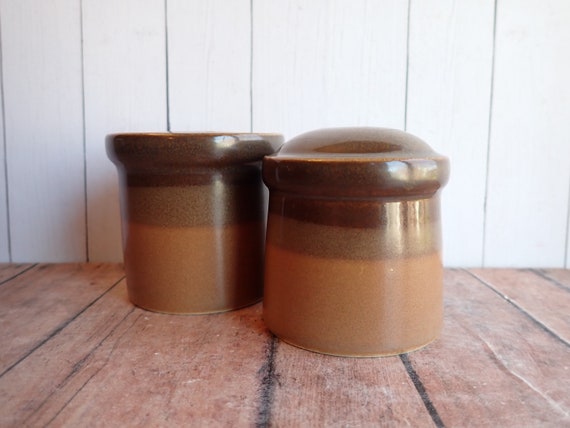 Vintage Mikasa Potters Art BUCKSKIN Salt and Pepper Shaket Set of 2 Brown and Tan Striped Banded Design Seibel Design Buck Skin