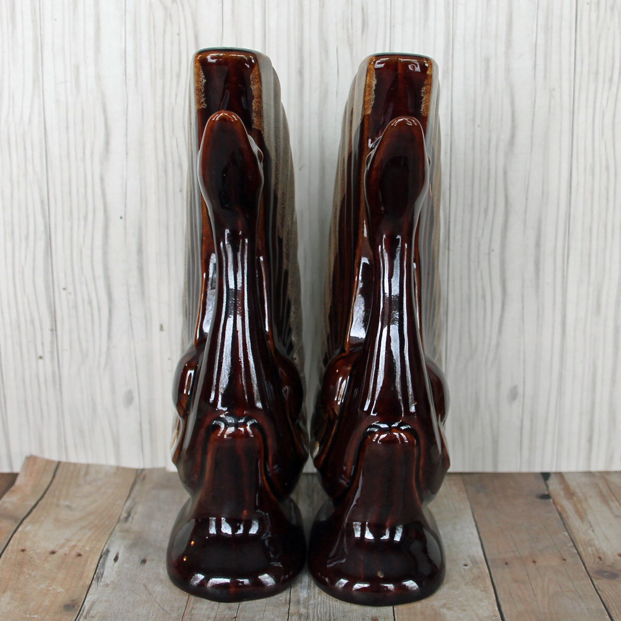 Vintage Ceramic Bird Swan Bookends Brown Drip Glaze Mid Century Modern Figurine Free Shipping