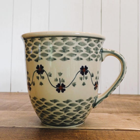 Vintage Boleslawiec Mug Coffee Cup White Blue Green Hand Painted Clover and Leaf Design Polish Pottery