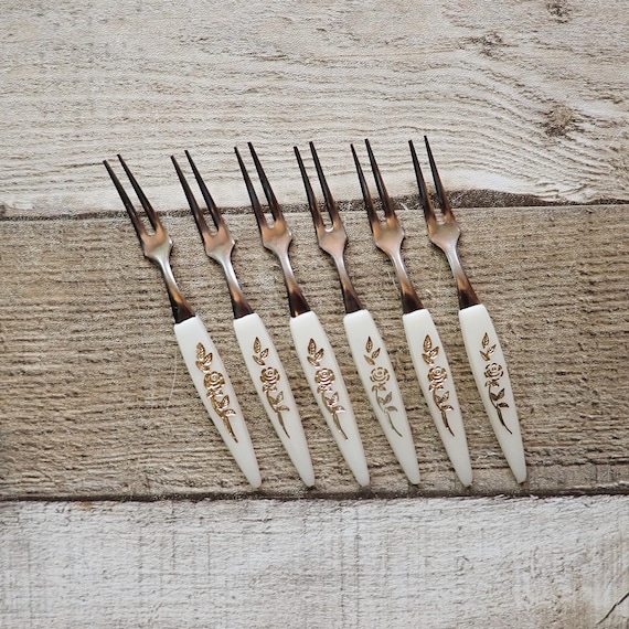 Vintage Cocktail Appetizer Forks with Melamine Handle Set of 6 Small Forks