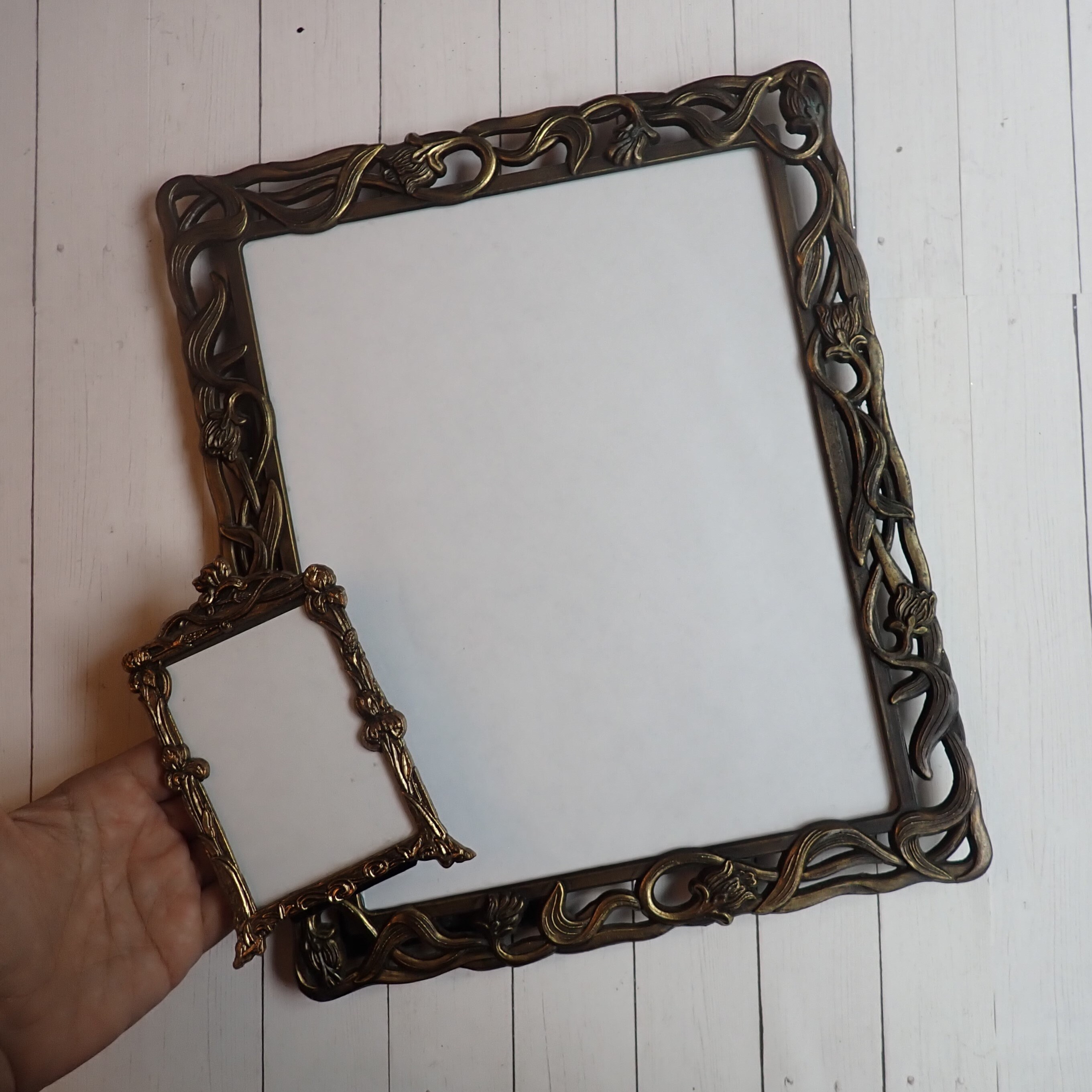 Vintage Bronze Metal Picture Photo Frame Set of 2 Etched Leaf and Tree